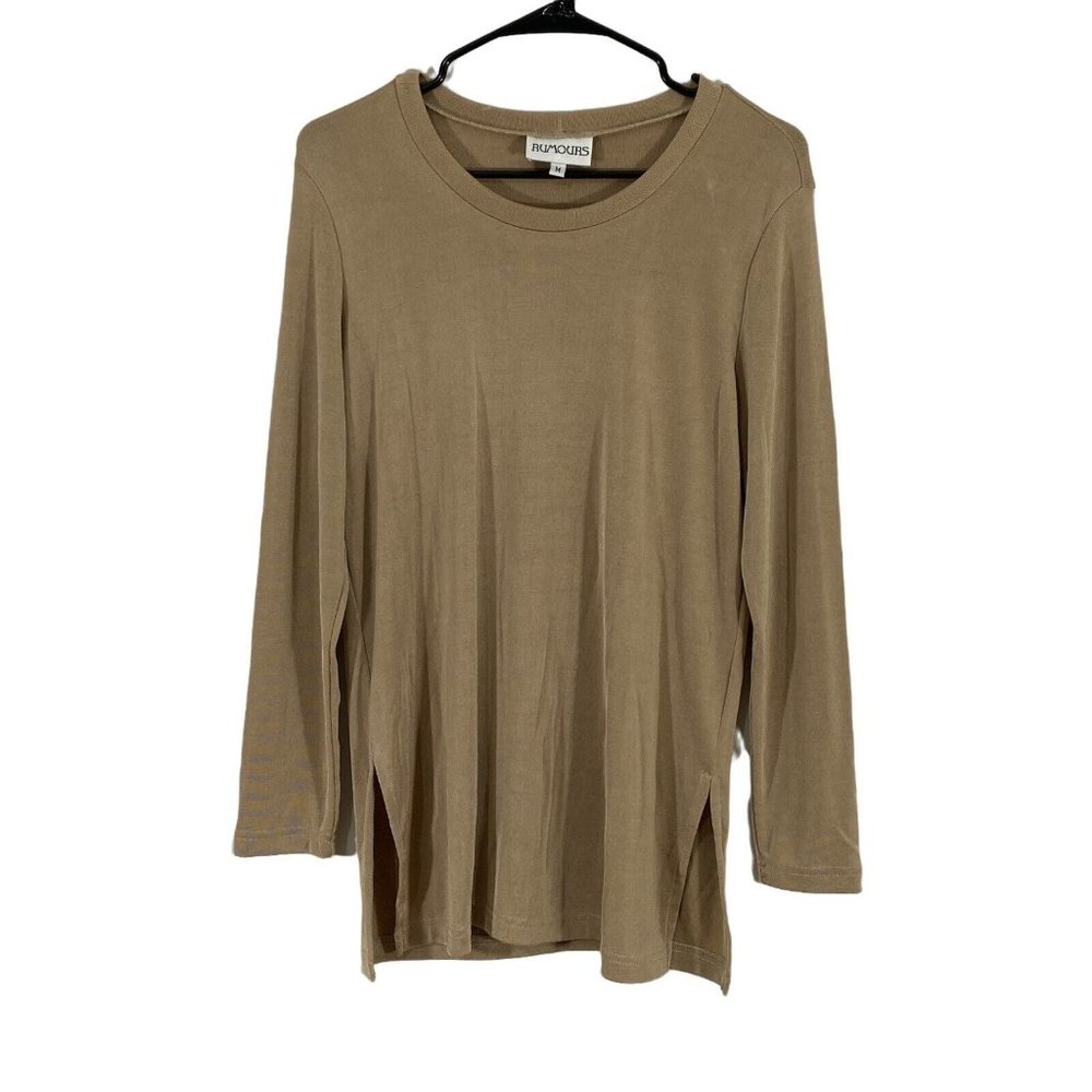 Rumours Womens Beige Long Sleeves Round Neck Side Slit Tunic T Shirt Size M